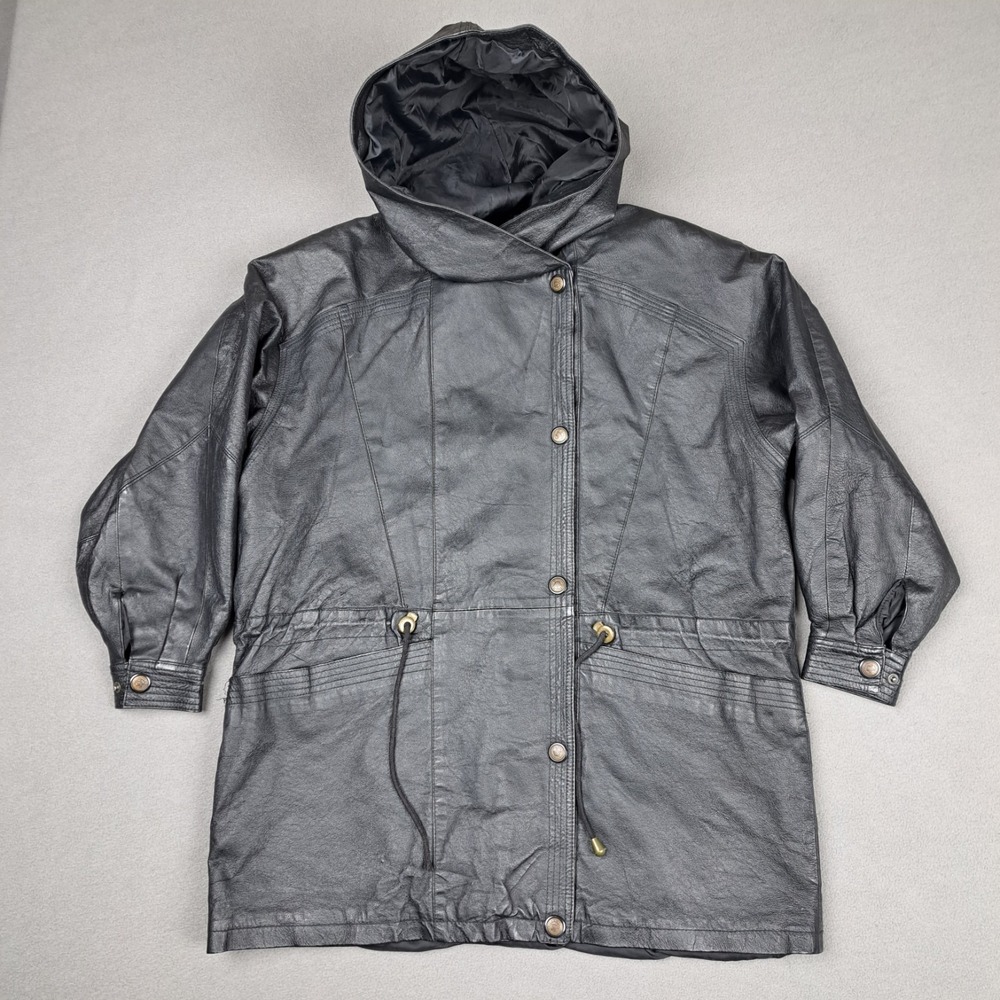 Vintage D.A.N.Y Leather Jacket Mens Large Black Hooded Overcoat OKLA Snap Button